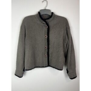 VTG Venesha High Quality Angora Sweater Cardigan Gray Black Trim Large